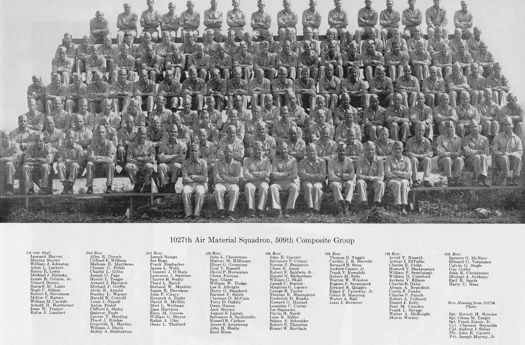Group photo of the 1027th Air Material Squadron. Schneider is pictured in the 5th row, 3rd from the right.